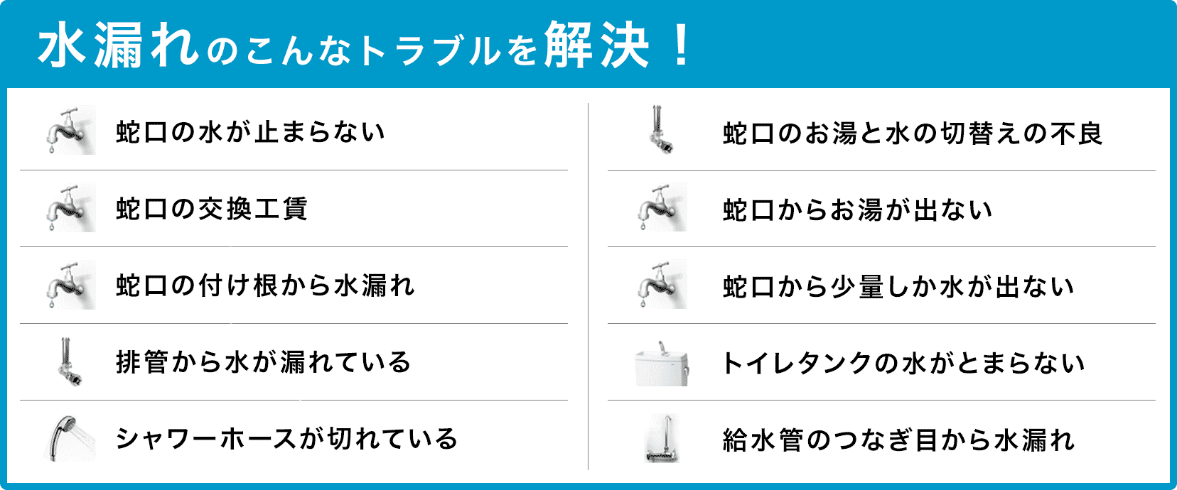 蛇口の水が止まらない・蛇口の交換・蛇口の付け根から水漏れ・配管から水が漏れている・シャワーホースが切れている・蛇口のお湯と水の切り替えの不良・蛇口からお湯が出ない・蛇口から少量しか水が出ない・トイレタンクの水が止まらない・給水管のつなぎ目から水漏れ 下京区