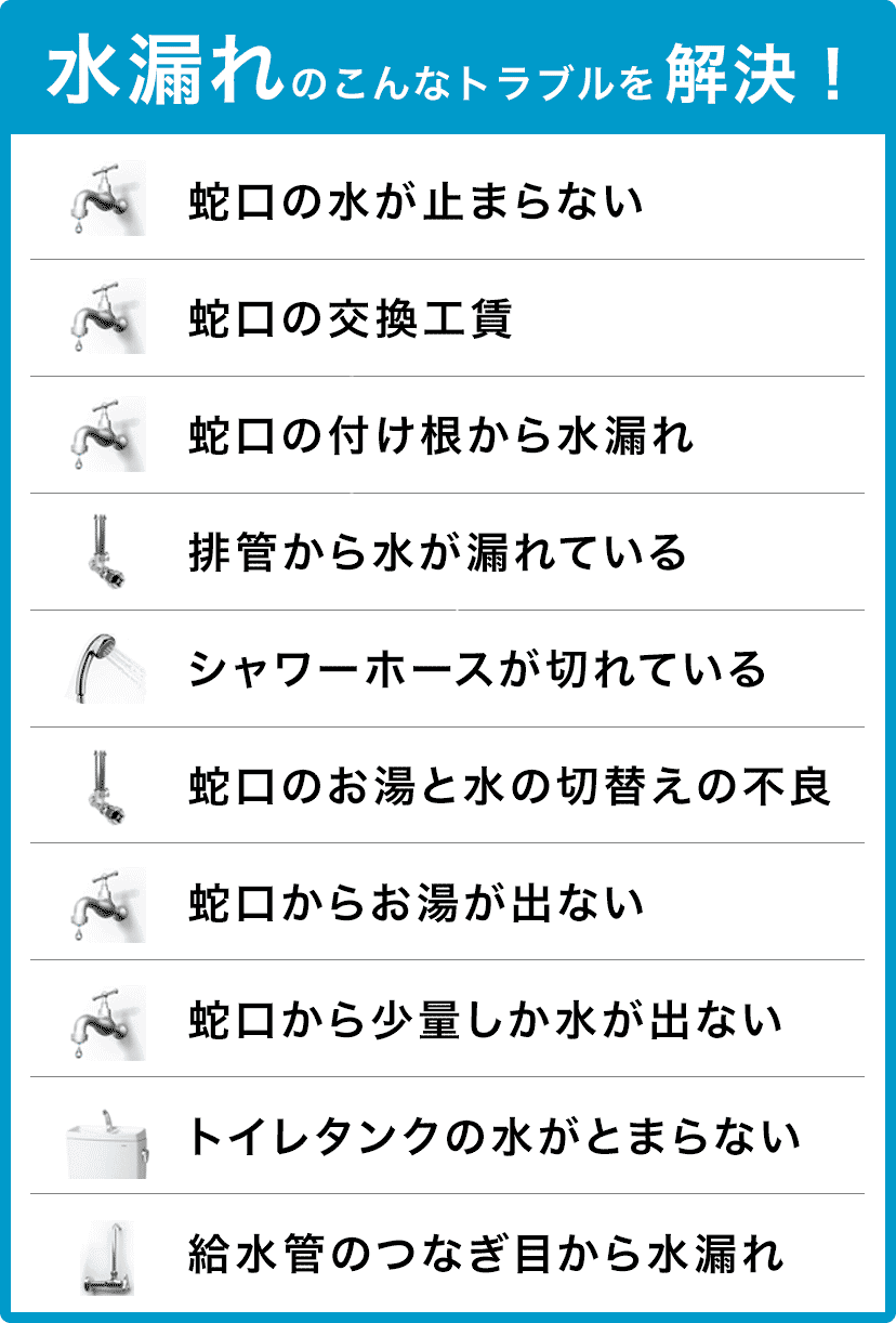 蛇口の水が止まらない・蛇口の交換・蛇口の付け根から水漏れ・配管から水が漏れている・シャワーホースが切れている・蛇口のお湯と水の切り替えの不良・蛇口からお湯が出ない・蛇口から少量しか水が出ない・トイレタンクの水が止まらない・給水管のつなぎ目から水漏れ 山科区